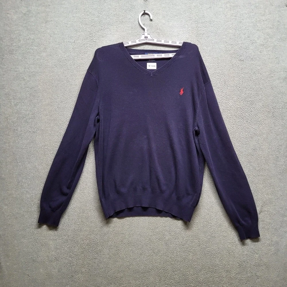 Polo Ralph‎ Lauren Men Sweater Large Blue Pima Cotton Logo Embroidered V Neck